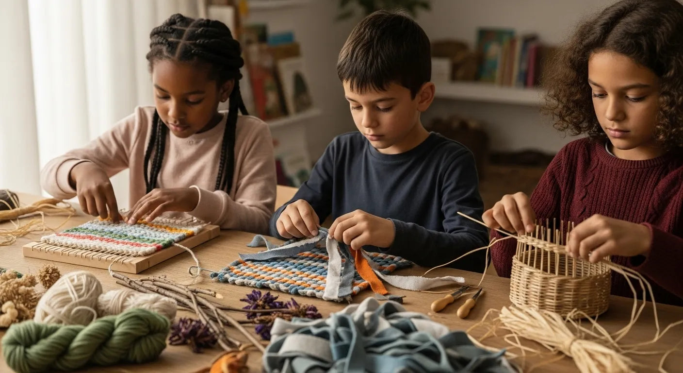 Mała dziewczynka tka prosty wzór geometryczny na miniaturowym krośnie