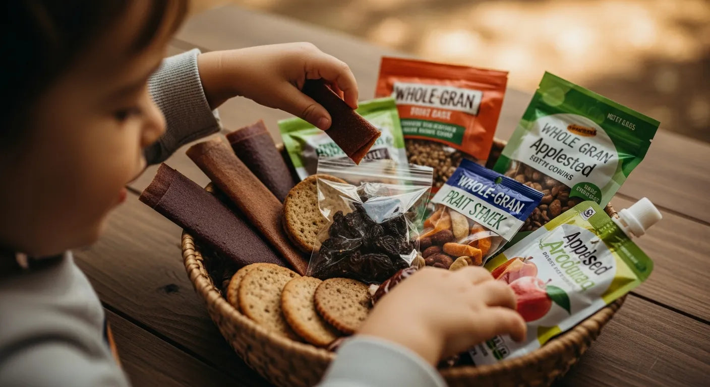 Lista zakupów na stole z owocami kanapkami napojami zabawkami i kremem ochronnym